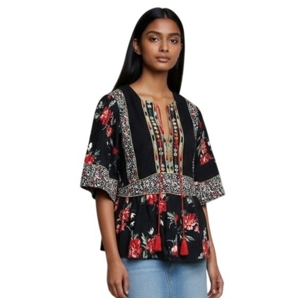 Banjara Bohemian Floral Print Top Women's Large Peasant‎ Blouse Festival